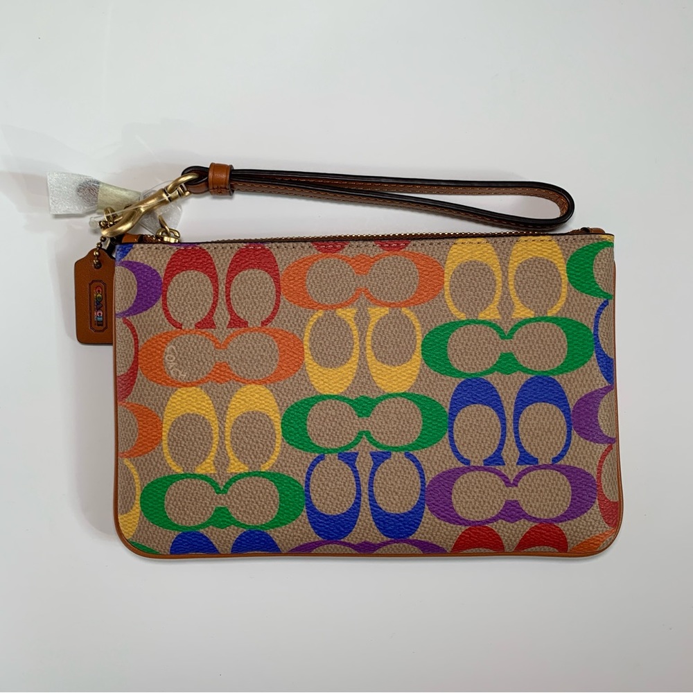 Coach Small Wristlet In Rainbow Signature Canvas